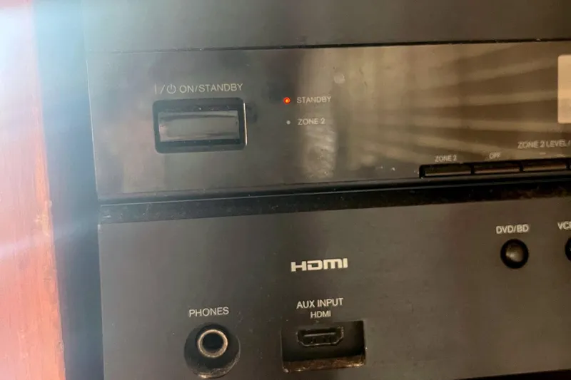 Slide: The Image of Close-up of a Jefferson Marquessa 56 audio system panel with HDMI and standby indicators. - 46