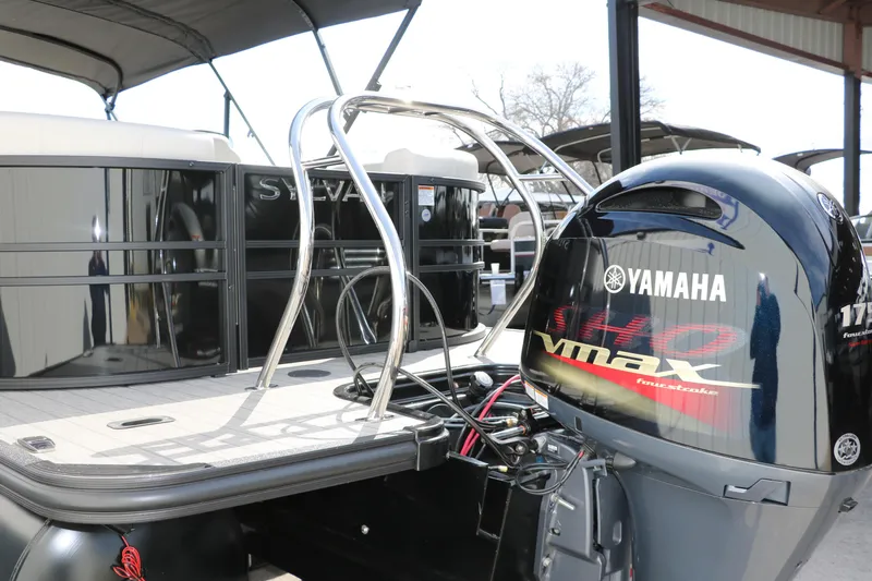 Slide: The Image of 2025 Sylvan Mirage X3 pontoon boat with Yamaha VMAX outboard motor. - 3