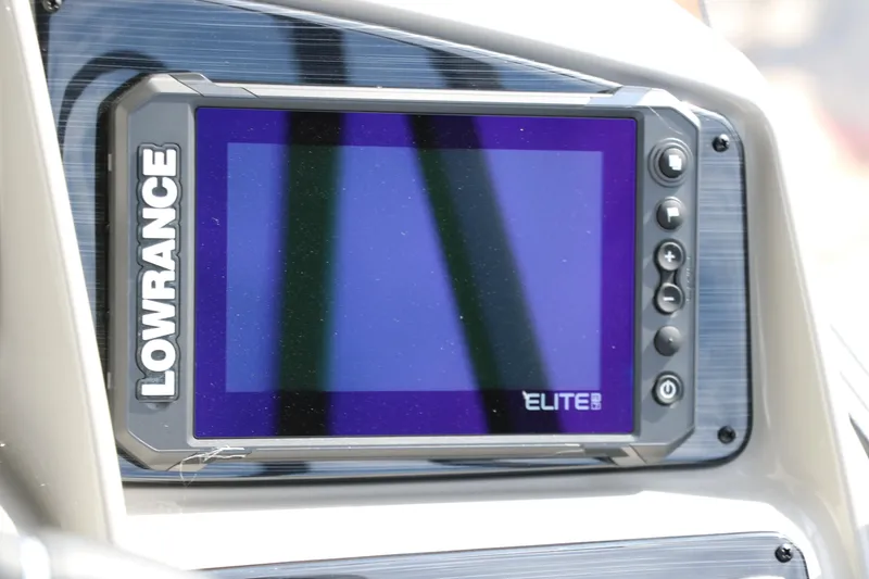 Slide: The Image of Lowrance Elite fishfinder on 2025 Sylvan Mirage X3 boat dashboard. - 33