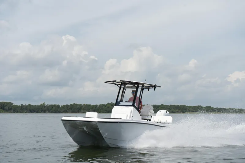 Slide: The Image of 2026 Twin Vee 22 Baycat cruising on a calm lake under a cloudy sky. - 11