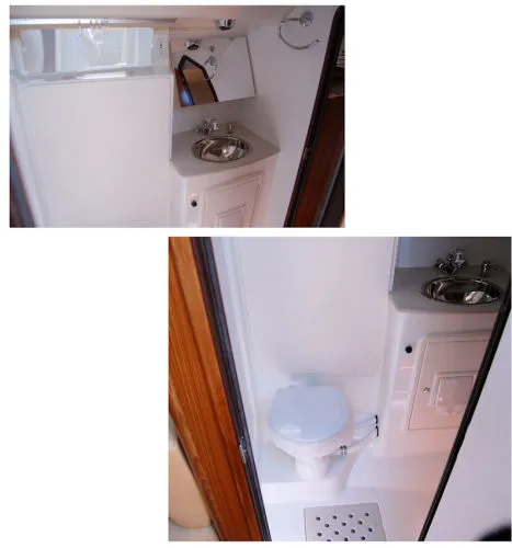 Slide: The Image of 2026 Catalina 446 yacht bathroom with sink, mirror, and toilet. - 18