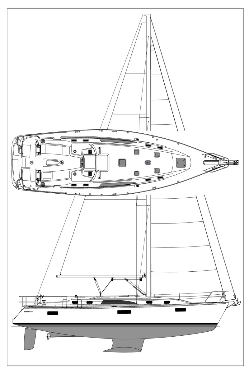 Slide: The Image of Line drawing of a 2026 Catalina 446 sailboat, top and side views. - 6