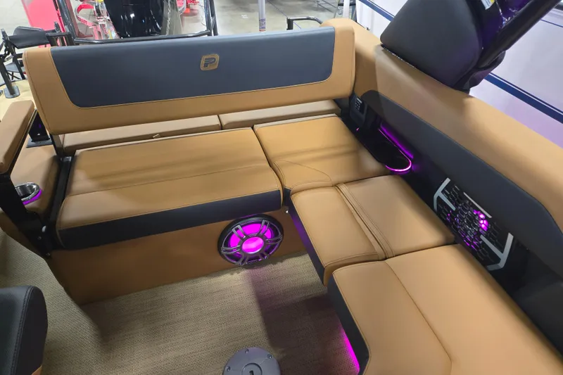 Slide: The Image of Luxurious seating with ambient lighting in 2025 Princecraft Vogue 25 RL boat interior. - 12