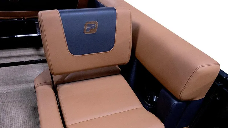 Slide: The Image of 2025 Princecraft Vogue 25 RL boat seat, brown and black leather upholstery. - 3