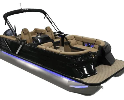 Slide: The Image of 2025 Princecraft Vogue 25 RL pontoon boat with sleek black design and luxurious seating. - 6