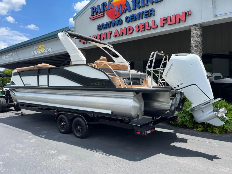 Slide: The Image of 2026 Harris Grand Mariner 250 pontoon boat on trailer at Park Marine Boating Center. - 4