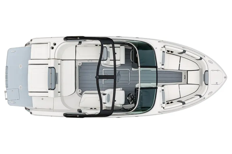 Slide: The Image of 2025 Chaparral 247 SSX boat interior with sleek gray seating and modern design. - 14