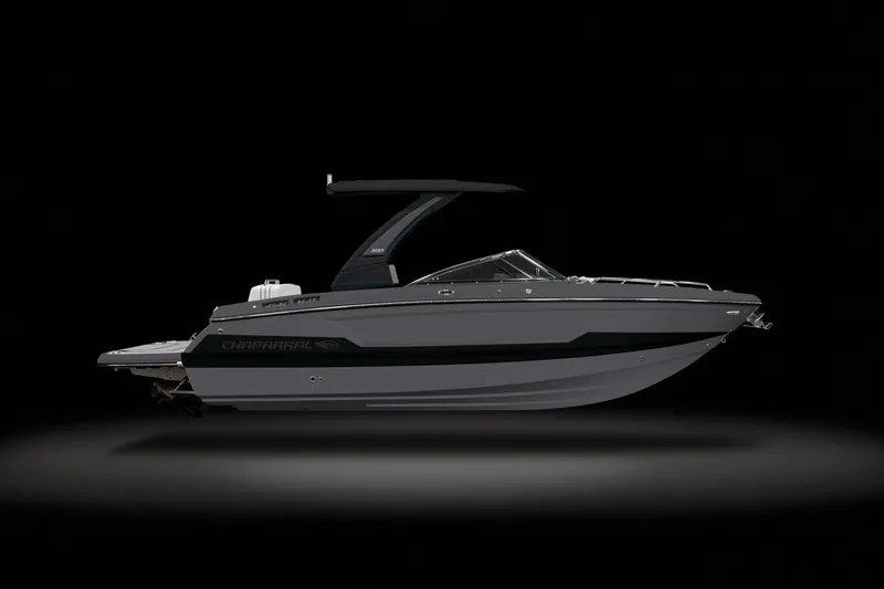 Slide: The Image of 2025 Chaparral 2870 boat, sleek design, side view on black background. - 5