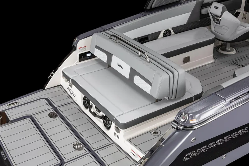 Slide: The Image of 2025 Chaparral 2870 boat interior with sleek seating and modern design. - 9