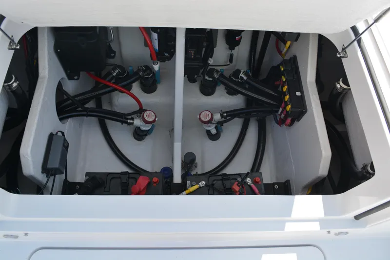 Slide: The Image of 2026 Blackfin 262 HB boat engine compartment with wiring and components. - 15