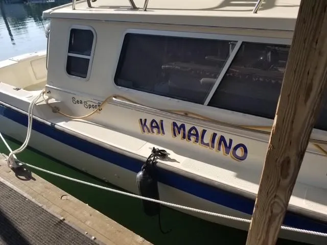 Slide: The Image of 1995 SeaSport 2400 Explorer boat named "Kai Malino" docked at a marina. - 9