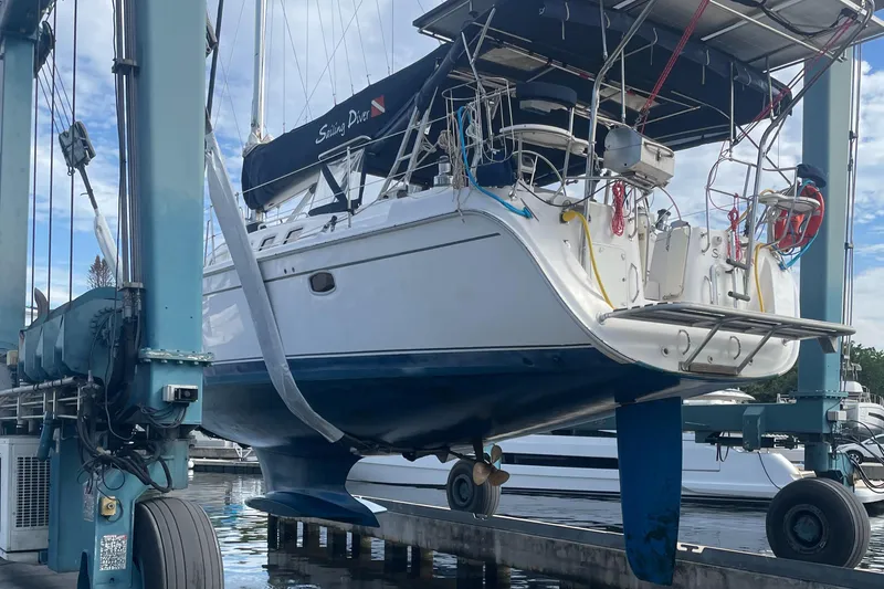 Slide: The Image of 2010 Hunter 49 Aft Cockpit sailboat in dry dock for maintenance. - 24