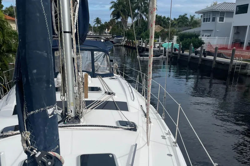 Slide: The Image of Sailboat docked in a canal, Hunter 49 Aft Cockpit, 2010 model. - 9