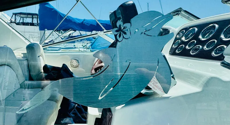 Slide: The Image of 2000 Chris-Craft 308 Express Cruiser interior with dolphin decal on window. - 25