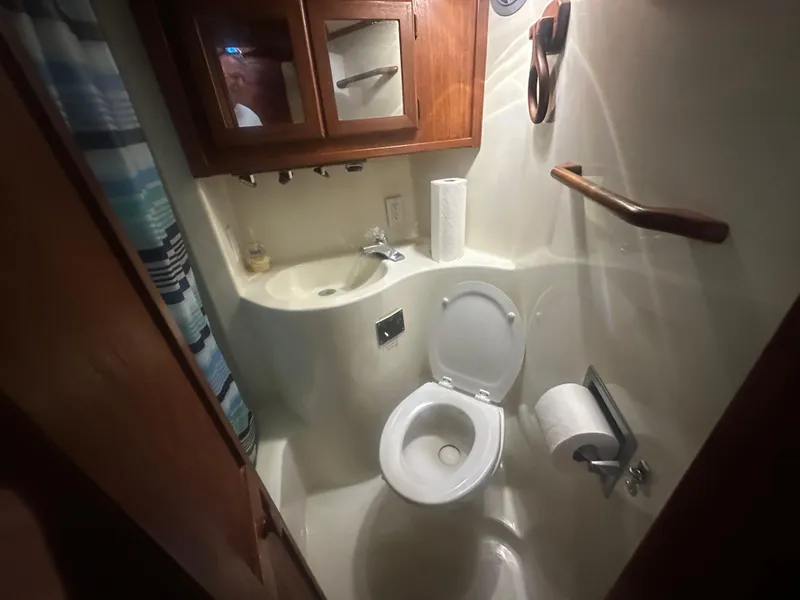 Slide: The Image of Bathroom interior of 1989 Bluewater 51' Coastal Cruiser with toilet, sink, and storage cabinet. - 29