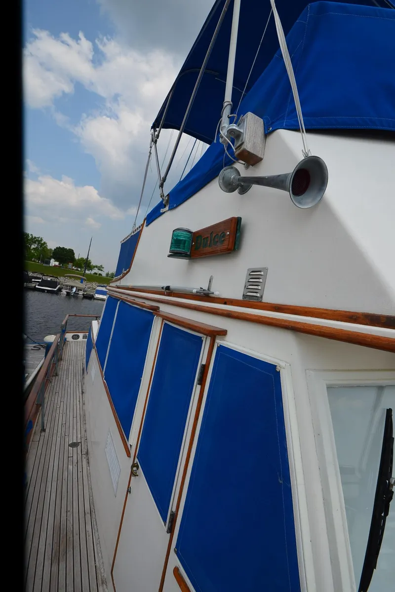 Slide: The Image of 1978 Grand Banks 36 Classic yacht with blue canopy and wooden deck. - 34