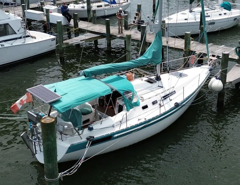 Slide: The Image of 1986 Scanmar 33 sailboat docked, featuring green canopy and solar panel, in a marina setting. - 6