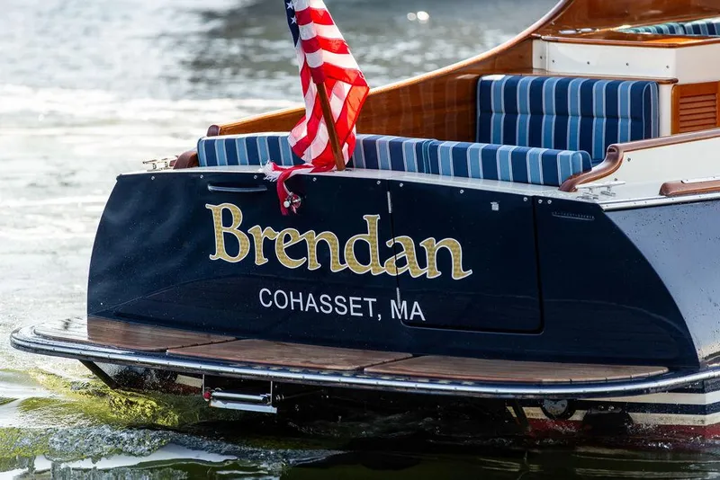 Slide: The Image of Hinckley Picnic Boat 37 MKIII, 2018, named "Brendan," with American flag, Cohasset, MA. - 27