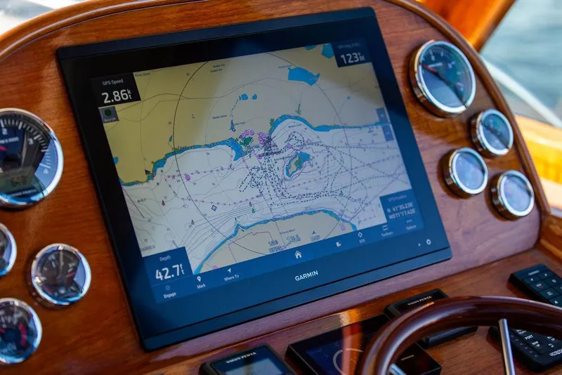 Slide: The Image of Navigation display on 2018 Hinckley Picnic Boat 37 MKIII dashboard with nautical chart. - 38