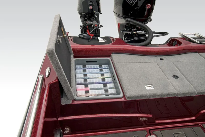 Slide: The Image of 2025 Nitro ZV19 Pro boat interior with steering wheel and dashboard, showroom display. - 27