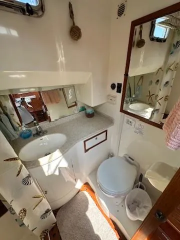 Slide: The Image of 2009 Marine Trader 36 Euro Sedan bathroom with sink, toilet, and mirror. - 42