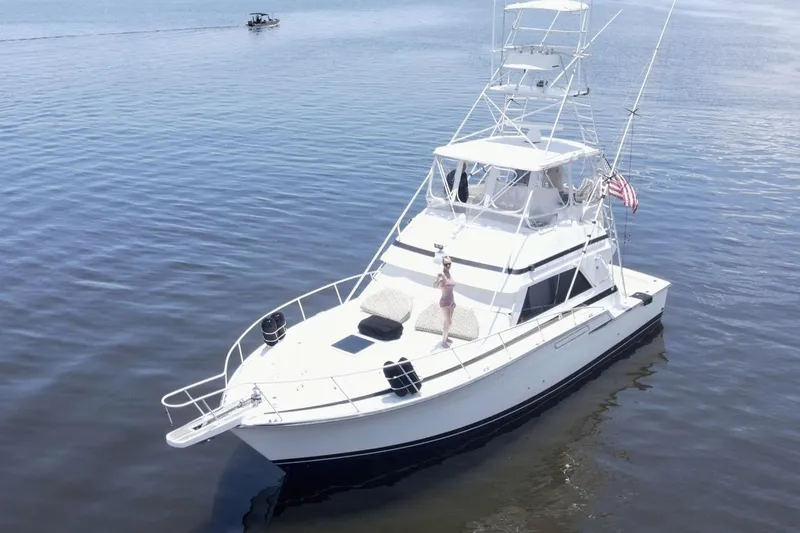 The Image of 1988 Bertram 43 Convertible yacht cruising on calm waters with American flag. - 0