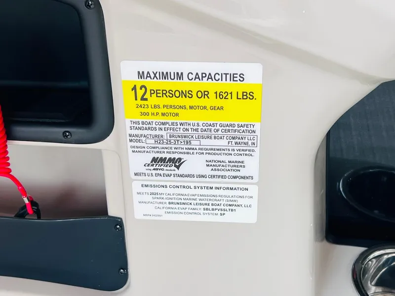 Slide: The Image of 2025 Harris Cruiser 230 capacity label: 12 persons or 1621 lbs, 300 HP motor. - 30