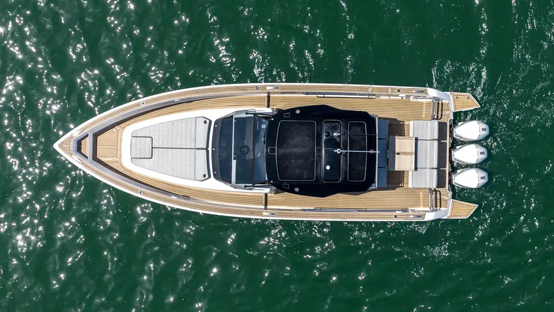 Slide: The Image of Overhead view of 2023 Pardo Yachts P38 on sparkling water. - 10