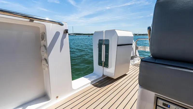 Slide: The Image of 2023 Pardo Yachts P38 deck with sleek design and ocean view. - 13