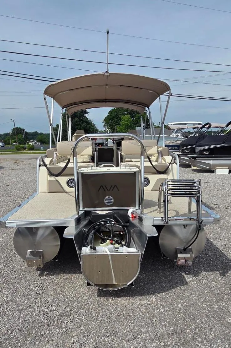 Slide: The Image of 2025 Avalon Platinum LSZ 2385 Cruise Rear Bench pontoon boat with canopy and rear view. - 3