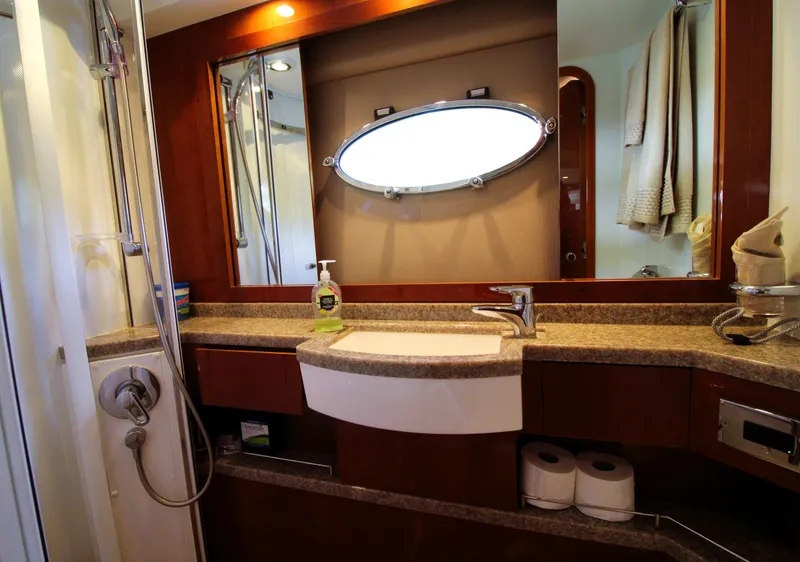 Slide: The Image of Luxurious bathroom in 2009 Princess F54 yacht with modern fixtures and elegant design. - 30