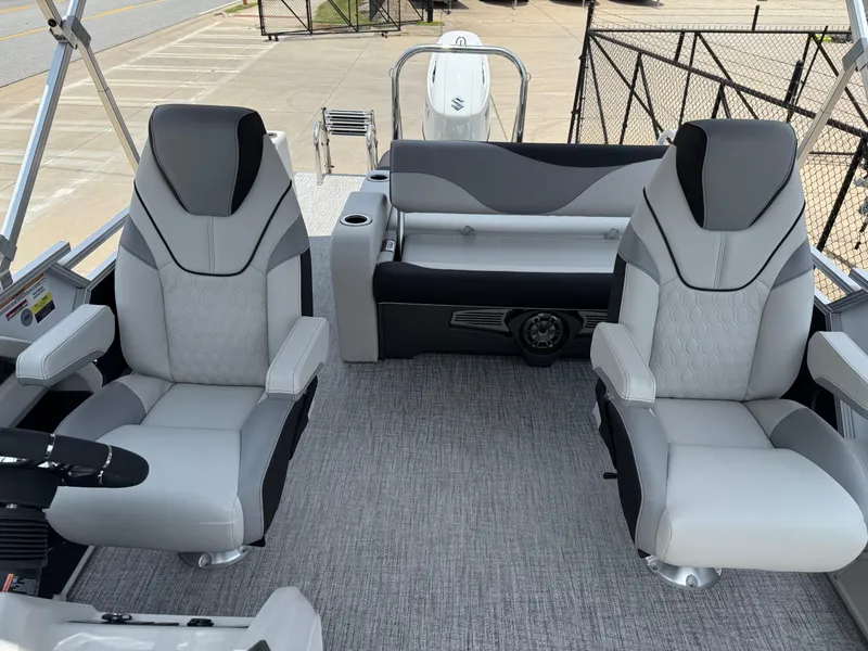 Slide: The Image of 2025 Avalon LSZ Versatile Rear Bench boat interior with plush seating and modern design. - 13