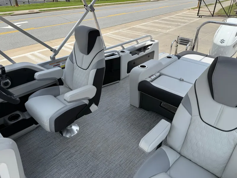 Slide: The Image of 2025 Avalon LSZ Versatile Rear Bench boat interior with modern seating and sleek design. - 24