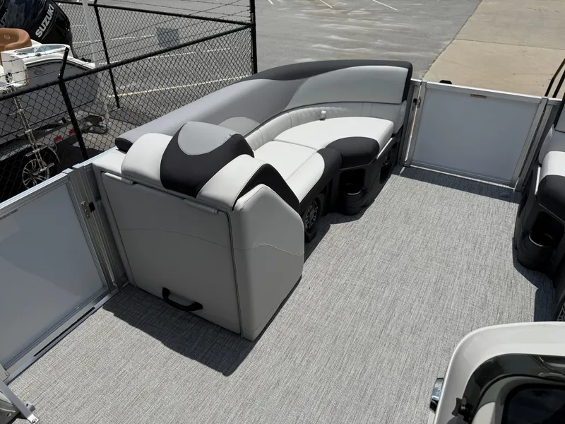 Slide: The Image of 2025 Avalon LSZ Versatile Rear Bench with sleek gray and black seating on a boat deck. - 33