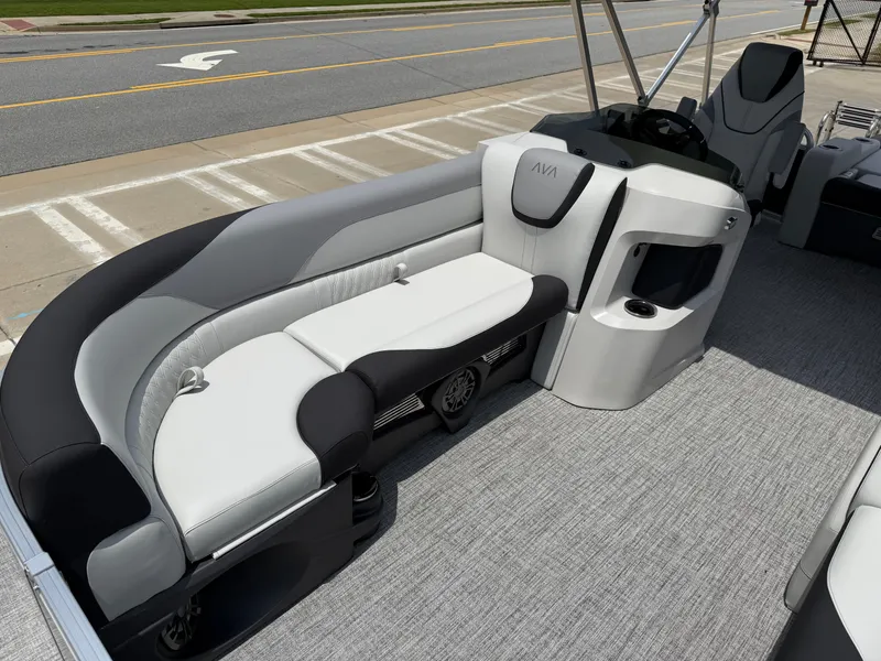 Slide: The Image of 2025 Avalon LSZ Versatile Rear Bench boat interior with sleek seating and modern design. - 8