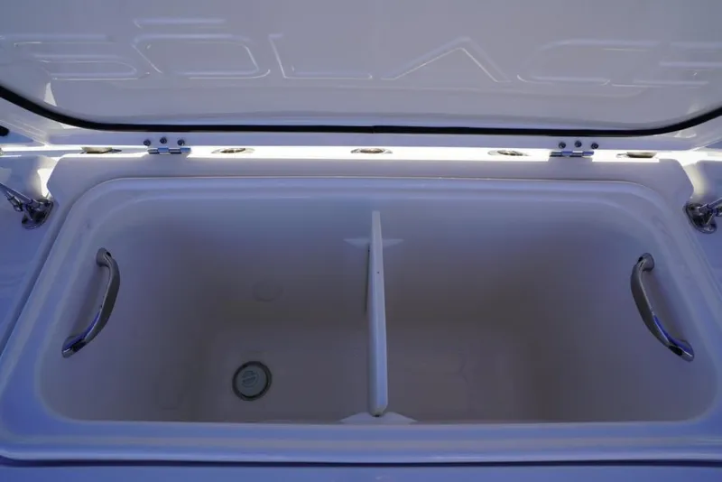 Slide: The Image of 2024 Solace 32 CS boat storage compartment with open lid and handles. - 20