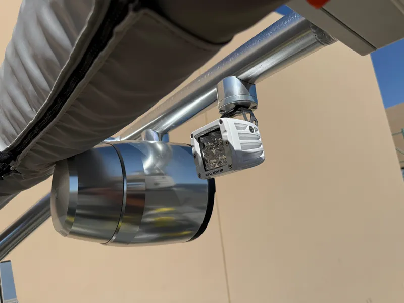 Slide: The Image of 2019 MasterCraft X22 boat speaker and camera mounted on metal frame. - 31