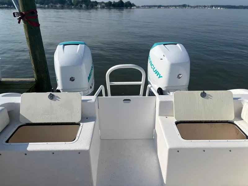 Slide: The Image of 2015 AmeraCat 27 boat with dual Mercury engines on calm water. - 18