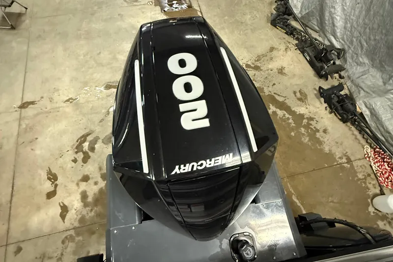 Slide: The Image of Overhead view of a Mercury 200 outboard motor on a 2021 Ranger 223FC boat. - 13