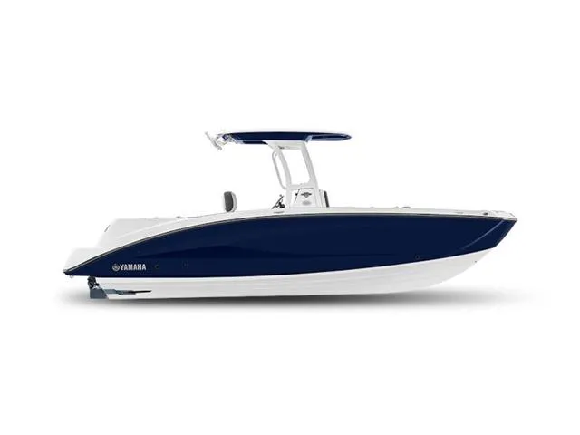 The Image of 2025 Yamaha Boats 255 FSH Sport E, sleek blue and white design, side view. - 1