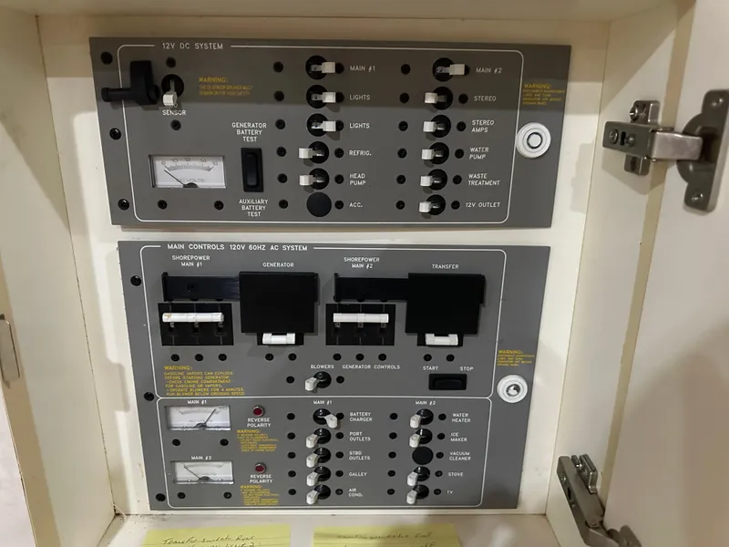 Slide: The Image of Control panel of a 2000 Formula 40 PC boat, featuring various switches and gauges. - 44