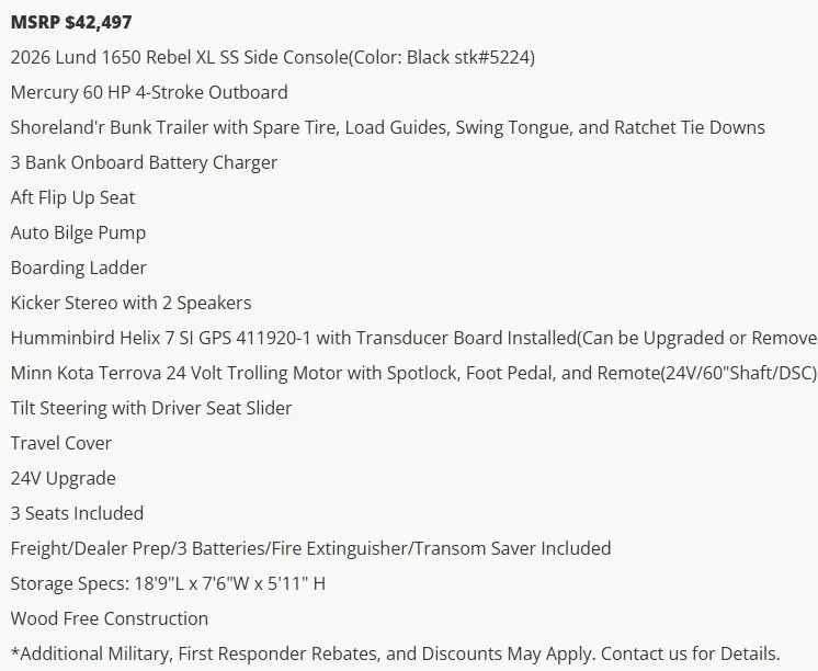 Slide: The Image of 2026 Lund 1650 Rebel XL SS boat features and pricing details. - 4