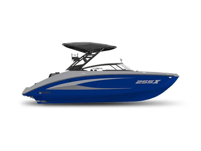 Slide: The Image of 2025 Yamaha Boats 255XD, sleek blue design, side view with modern features. - 35