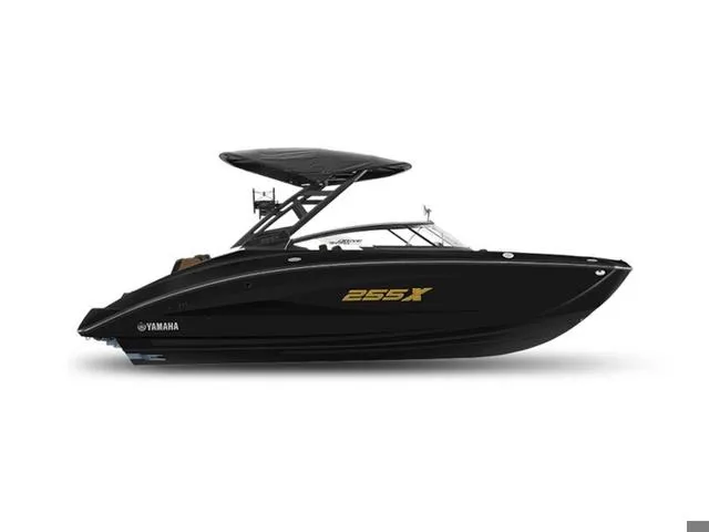 Slide: The Image of 2025 Yamaha Boats 255XD, sleek black design, side view, modern features. - 2