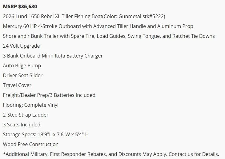 Slide: The Image of 2026 Lund 1650 Rebel XL Tiller Fishing Boat features and pricing details. - 5