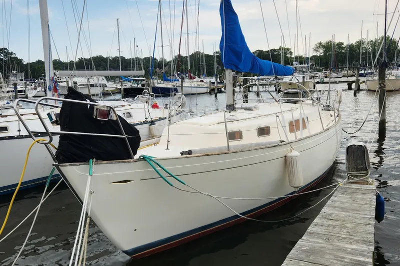 Slide: The Image of 1974 Hallberg-Rassy Rasmus 35 sailboat docked in a marina with blue sail cover. - 2