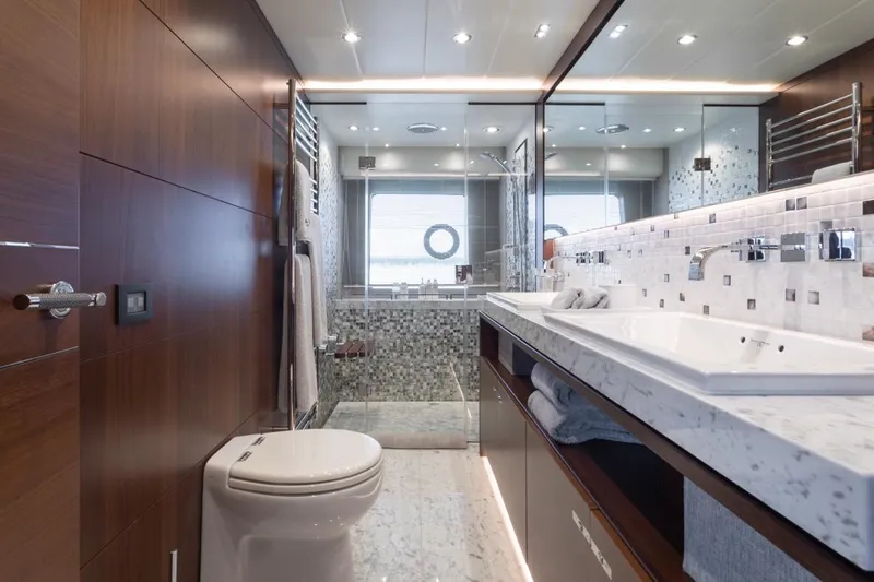 Slide: The Image of Luxurious bathroom on 2019 Princess Y88 Motor Yacht with modern fixtures and elegant design. - 15