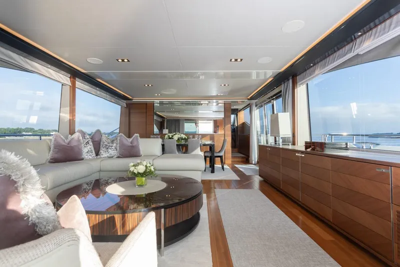 Slide: The Image of Luxurious interior of 2019 Princess Y88 Motor Yacht with elegant seating and panoramic windows. - 2