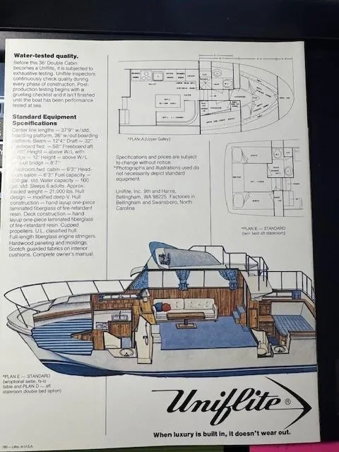 Slide: The Image of 1981 Uniflite Cabin Cruiser brochure with detailed floor plans and specifications. - 49