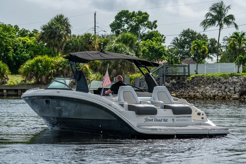 Slide: The Image of 2022 Sea Ray SDX 290 boat cruising on a scenic waterway with lush greenery. - 1